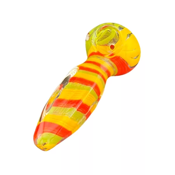 Jamaican Flag Stripe pipe with colorful, curved design and clear glass base. Available at VSACHP106 on smoking company website.