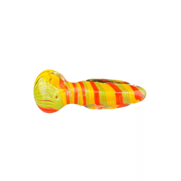 The Jamaican Flag Stripe glass pipe has a curved, eye-catching design with yellow and orange stripes. It's made of clear glass and has a small knob on the stem. The bowl and base are also striped. It's available for purchase.