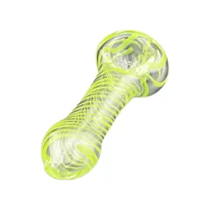 Modern glass pipe with yellow and white swirl design. Long stem with clear glass and small knob. Bowl with clear glass and side hole.