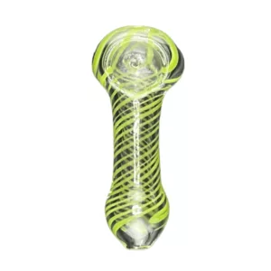Spiral-shaped water pipe with green and white stripes, featuring a small perforated hole at the top and four small feet for stability.