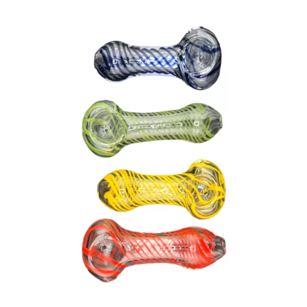 Three unique colored glass smoking pipes with clear glass stems and white bases.