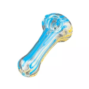 Blue and yellow swirl glass pipe with transparent design, lying on white background - Flamed Out HP - VSACHP149.