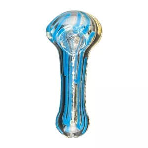A blue and white striped glass pipe or bong with a circular shape and small hole in the center.