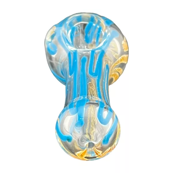 glass pipe with a blue and yellow swirl design, featuring two bowls connected by a tube and a small hole for inhaling smoke. It is called Flamed Out HP VSACHP149.