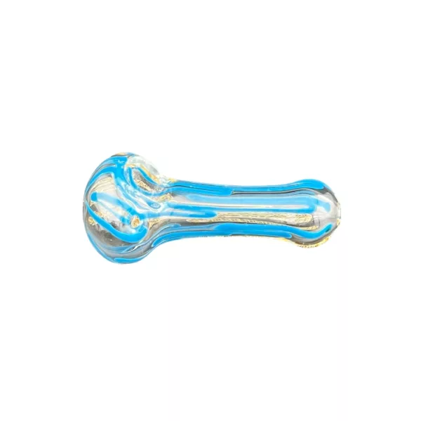 Handmade blue and gold glass pipe with smooth bowl and glossy finish. Light blue smoke with small ash particles. Tapered tip with textured surface.