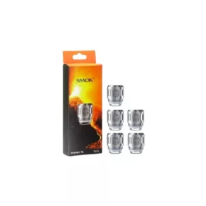 Five packs of Smok TFV8 Baby dual coil for use with Smok TFV8 atomizer. Made of organic cotton and stainless steel, designed for flavorful and dense vapor. Suitable for various applications.