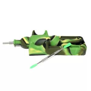 Green and black camouflage patterned gun-shaped silicone nectar collector with attached barrel and scope.