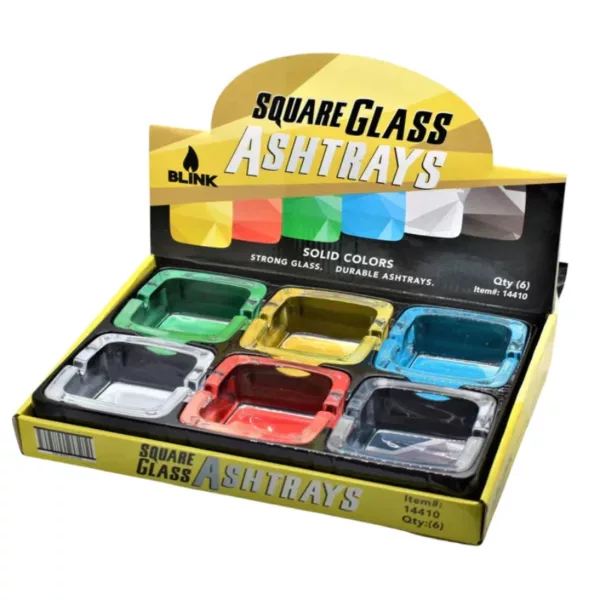 Colorful square glass ashtrays in red, green, blue, yellow, and purple, with individual spaces for use.