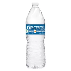 Clear bottle of Niagara Water, 16.9 oz, featuring company logo. Simple and effective representation of the brand.