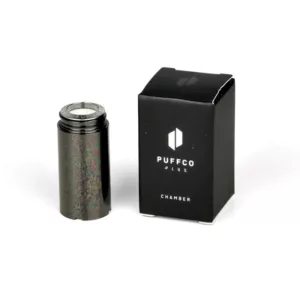 Elegant black and silver vaporizer with a small, cylindrical shape and smooth, glossy black body and shiny, metallic silver top. Comes in a matching black box.