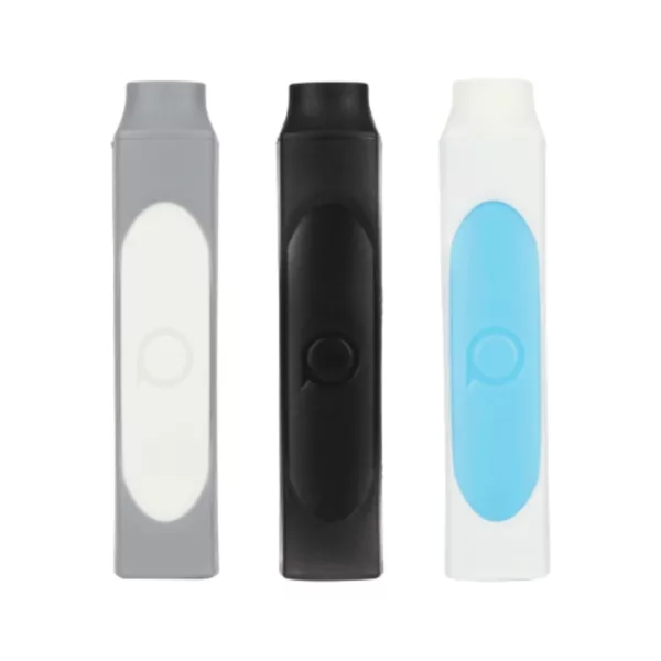 sleek and modern vape pen with a matte black finish and blue accents. It has a small indicator light and a thin, lightweight body with a clear tip and blue rubber grip for a secure hold.
