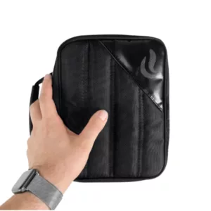 Black leather-like Pilot Bag with zipper closure and single compartment. No exterior pockets.