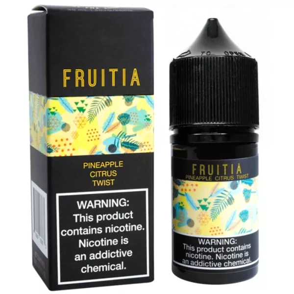 This image features a bottle of Salt Pineapple Citrus Twist - Fruitia fruit juice with a green background and white label.