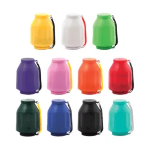 Colorful stack of water bottles with screw caps and rubber handles, used with SmokeBuddy smoking device.