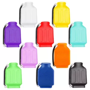 6 colorful plastic bottles with lids and black strings, perfect for carrying and using the Eco Jr. Personal SmokeBuddy.