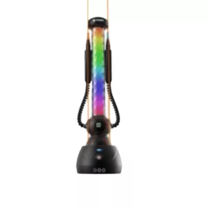 Elegant mini hookah with colorful light, large bowl, floral design, and wooden stand with geometric patterns. Perfect for sophisticated smoking sessions. #BVRY80
