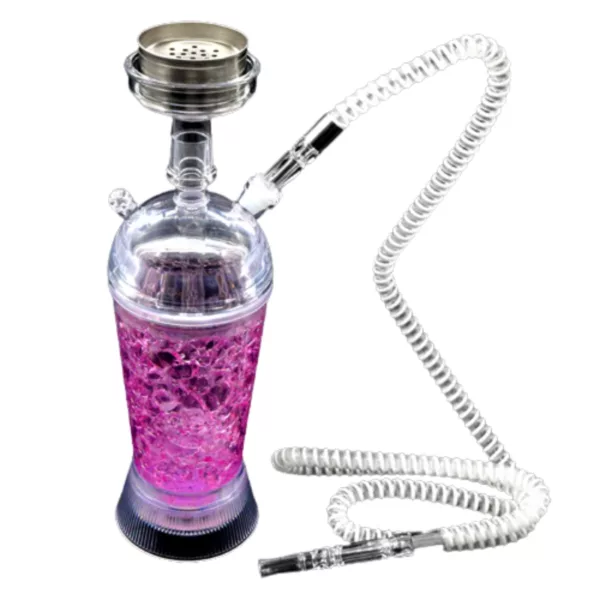 Colorful LED hookah with pink-acrylic base and transparent body. Comes with white background and hose.