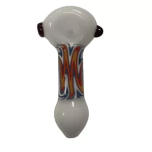 White glass center piece with swirling colors of red, orange, and blue. Round and symmetrical shape, visually pleasing.