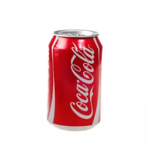 A red and white labeled can of Coca-Cola, filled with clear plastic and containing product information on the side.