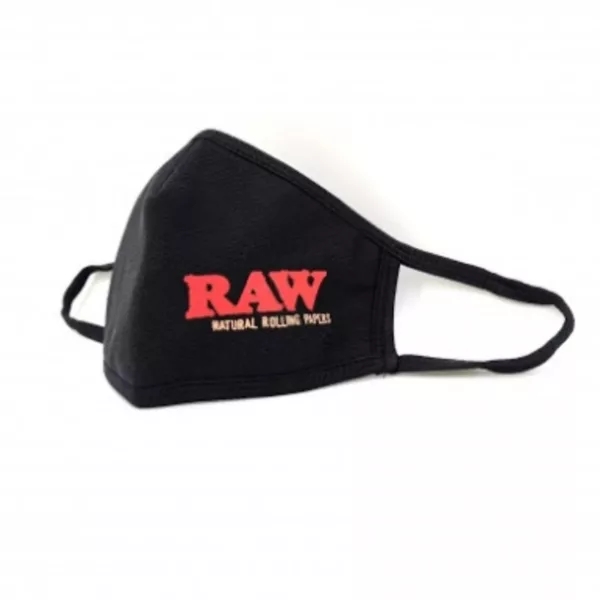 A black face mask with the words RAW in red on the front, made of lightweight and breathable material with an adjustable strap, designed to protect against dust and dirt for outdoor activities.