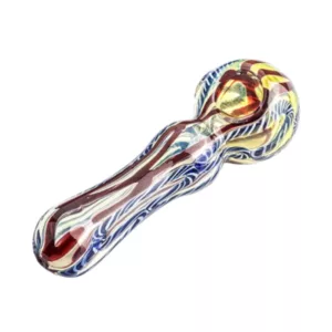Handcrafted colored spiral glass pipe with blue and white pattern, straight shape and curved mouthpiece.