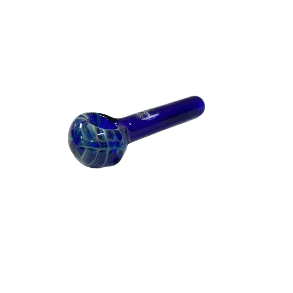 Futuristic blue glass smoking pipe with jellyfish-shaped mouthpiece and geometric base design.