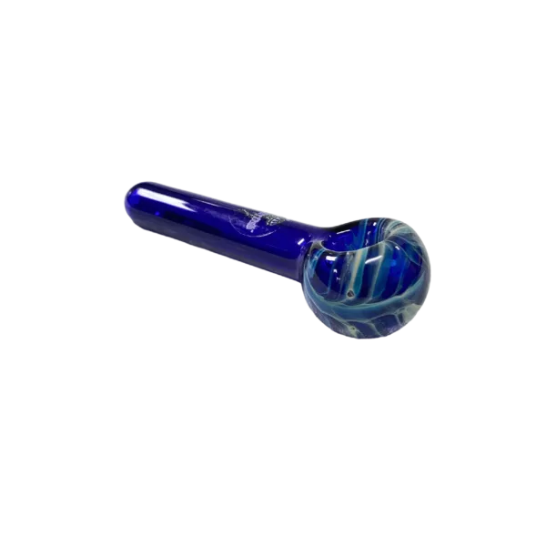 Blue, white, and silver glass pipe with swirled design and curved handle. Transparent body. #GardenRakeJellyfish
