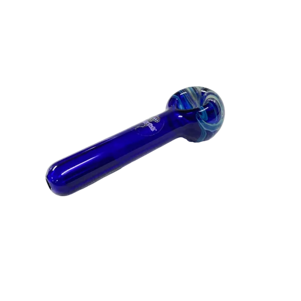 Jellyfish-shaped bong with blue glass and clear base. Swirly bowl in deep purple with small blue/purple swirls. Comfortable mouthpiece and large, curved water holder.