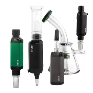 Three clear glass vaporizers with black/green tops. Similar design for vaping.
