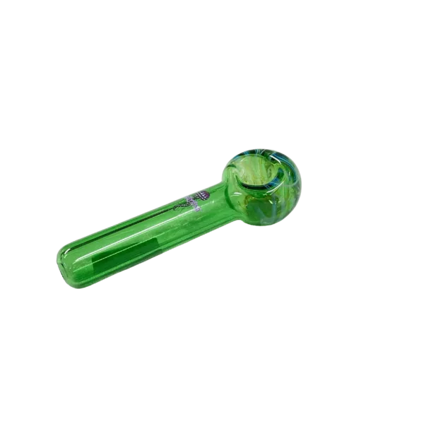 green glass pipe with a clear plastic stem and circular base. It sits on a green background.