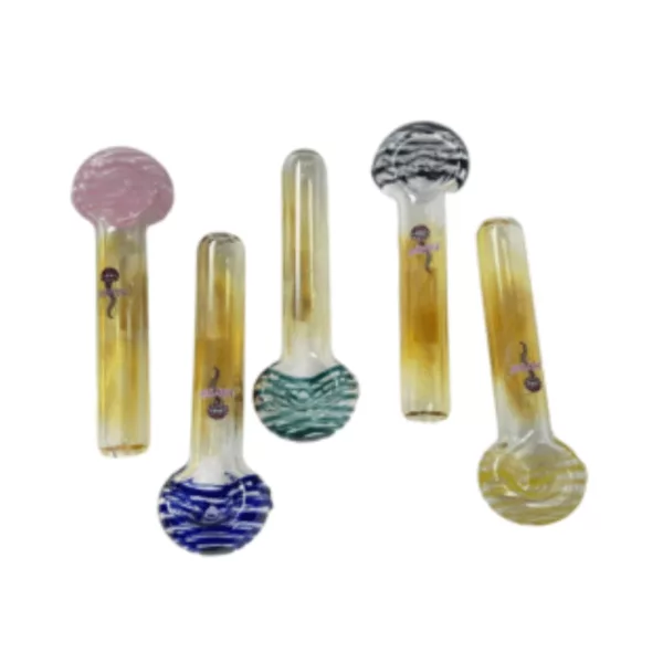 Experience a psychedelic smoking journey with our six-pack of handcrafted glass pipes, featuring unique抽象 designs in blue, green, yellow, orange, purple, and pink. Each pipe has a clear base and is sure to impress.