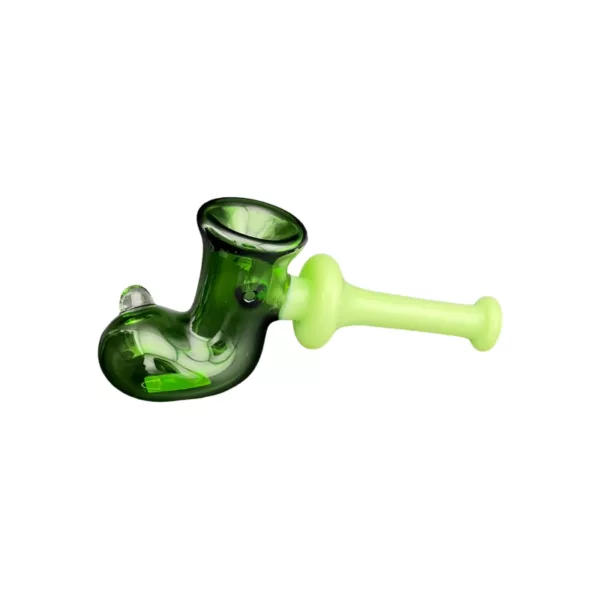 Green-stemmed, round-bowl glass pipe on white background.