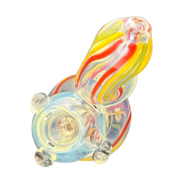 Colorful glass bong with curved shape and clear glass, featuring a swirling pattern of red, yellow, and blue. XY6.
