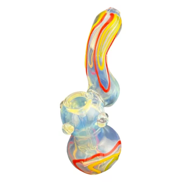 Handmade Rasta-themed bubbler with colorful swirls, long tube, small bowl, and large perforated disc on stem.