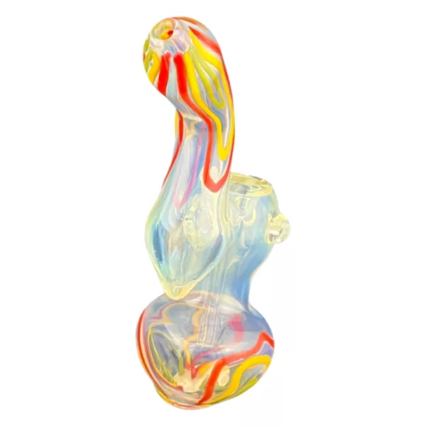 Multi-colored swirl glass bubbler, 4 inches tall, with rainbow effect. Base has raised lip, body is elongated and tapers to point. Colors include red, orange, yellow, green, and blue.