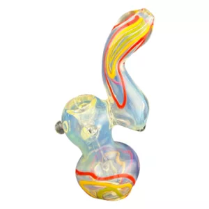 Translucent glass bubbler shaped like a human hand with a flexible arm, holding a small water pipe in red and yellow swirl design.
