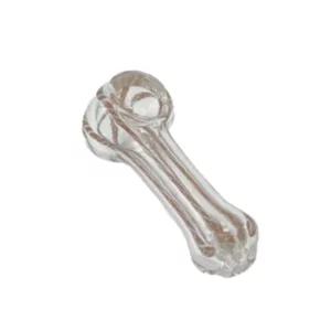 Clear glass pipe with long, curved stem and small, round bowl on end. Made of clear glass and sits on white background.