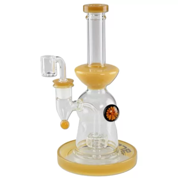Stylish clear glass inverted delta water pipe with golden handle, bowl, and base. Unique design for home or office use.