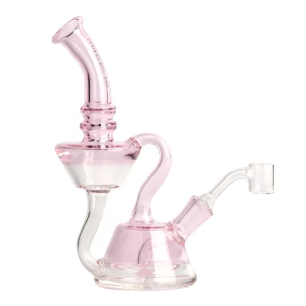 A pink glass water pipe with a clear mouthpiece and base, featuring clear details and a small ring around the base.