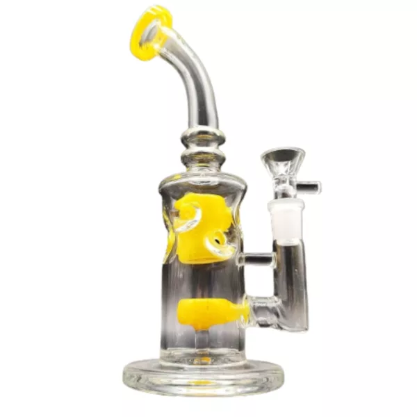 Clear glass pipe with yellow base and spiral design. Easy grip handle and sleek design.