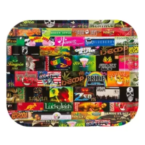 History 101 Tray - Raw features a tray of cigarettes with unique designs and colors, including a skull and crossbones, pirate ship, and sunglasses.