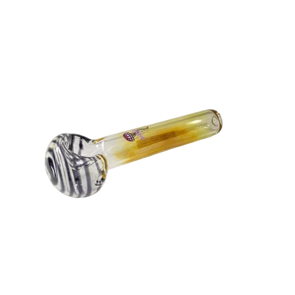 Zebra print glass bong with flared base and downstem. Clear glass with small hole at bottom.