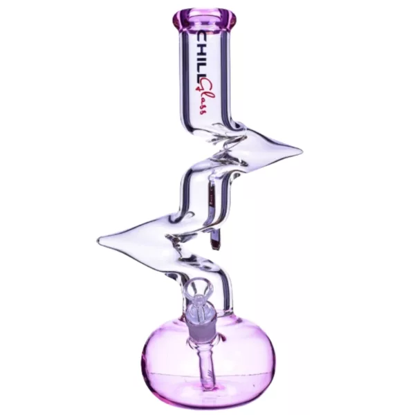 Unique glass bong with pink handle and clear snake design. Base and stem are clear glass. Perfect for any smoke enthusiast.