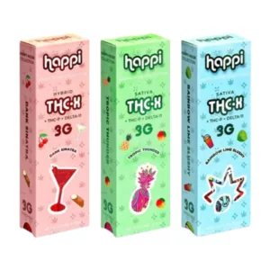 THCX 3g Disposable - Hoppi branded candy boxes with different fruit designs. Pink box with strawberry and cherry, green box with lemon and lime, blue box with blueberry and raspberry.