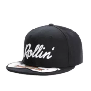 White 'Rollin' patch on black baseball cap with curved brim and adjustable strap.