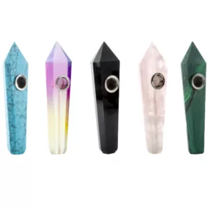Hand-painted crystal shard pipes with silver metal mouthpieces. Unique, colorful designs. NNH276.