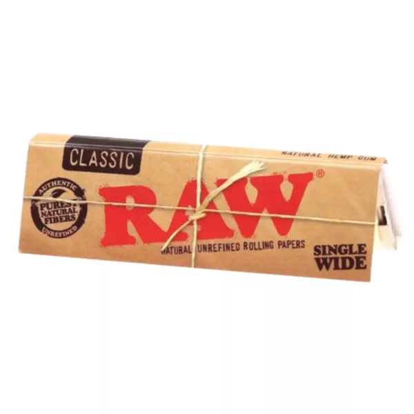 Authentic raw tobacco packaging in brown paper with red RAW label. Perfect for smoking enthusiasts.