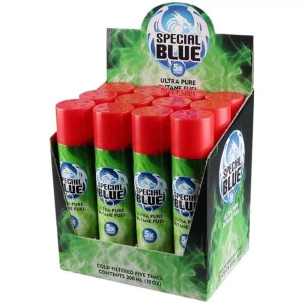 Eye-catching design, bold colors, window display. Special Blue butane cigarette brand.