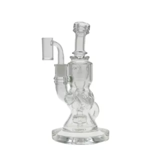 Modern glass water pipe with triangular shape, round base, and small stem for easy holding. Clear design with small hole in the middle.