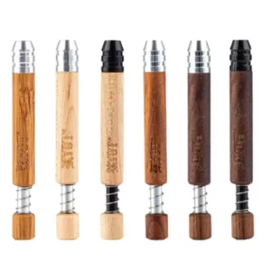 A set of six wooden pens with different colors and designs, made of wood and metal, displayed on a white background.